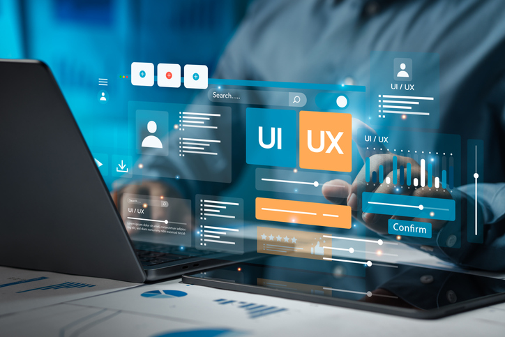 stylized user experience graphic of a man working on a laptop